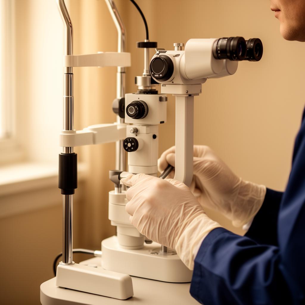 Ophthalmologist examining a patient at a slit lamp