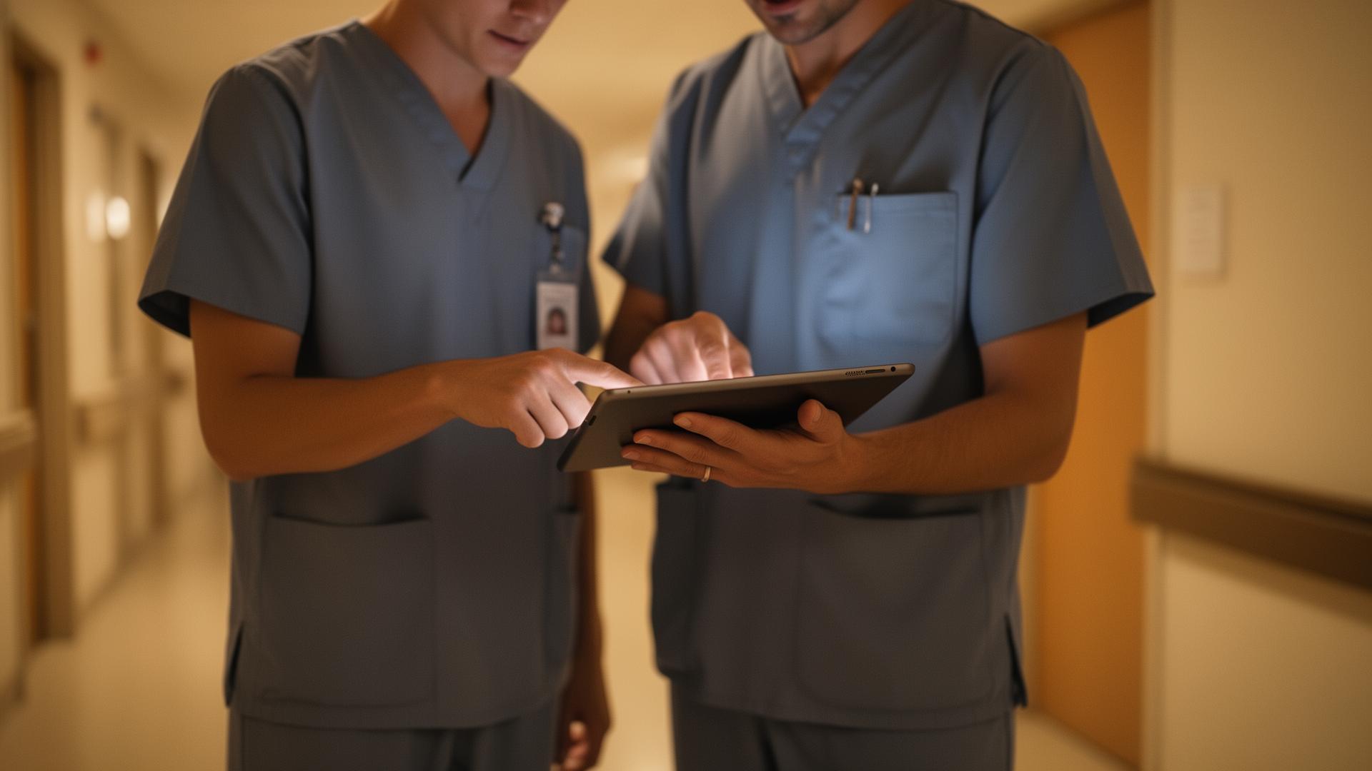 Two clinicians reviewing a tablet together in a hospital corridor